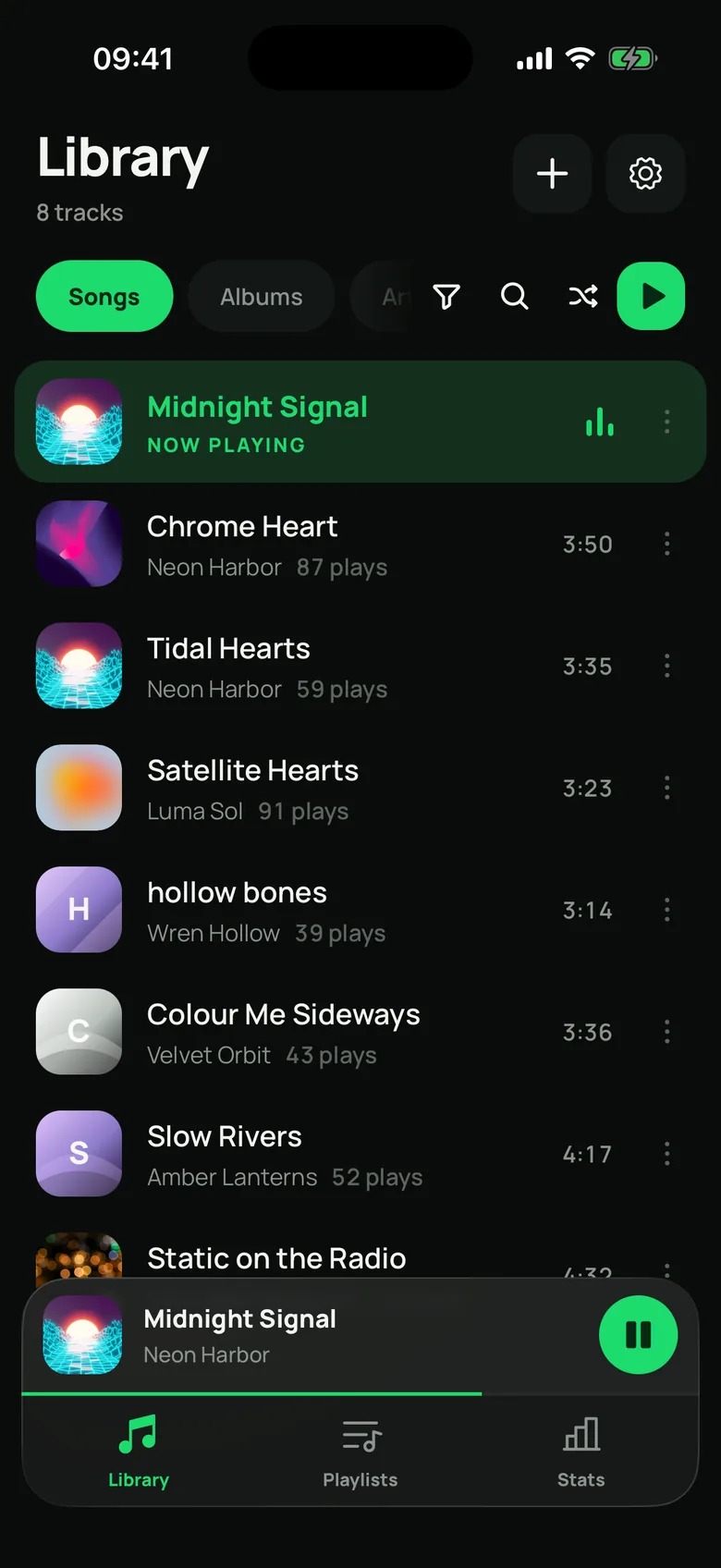 The Library tab in Statisfy: a list of imported songs with play counts, and a track playing in the dock.