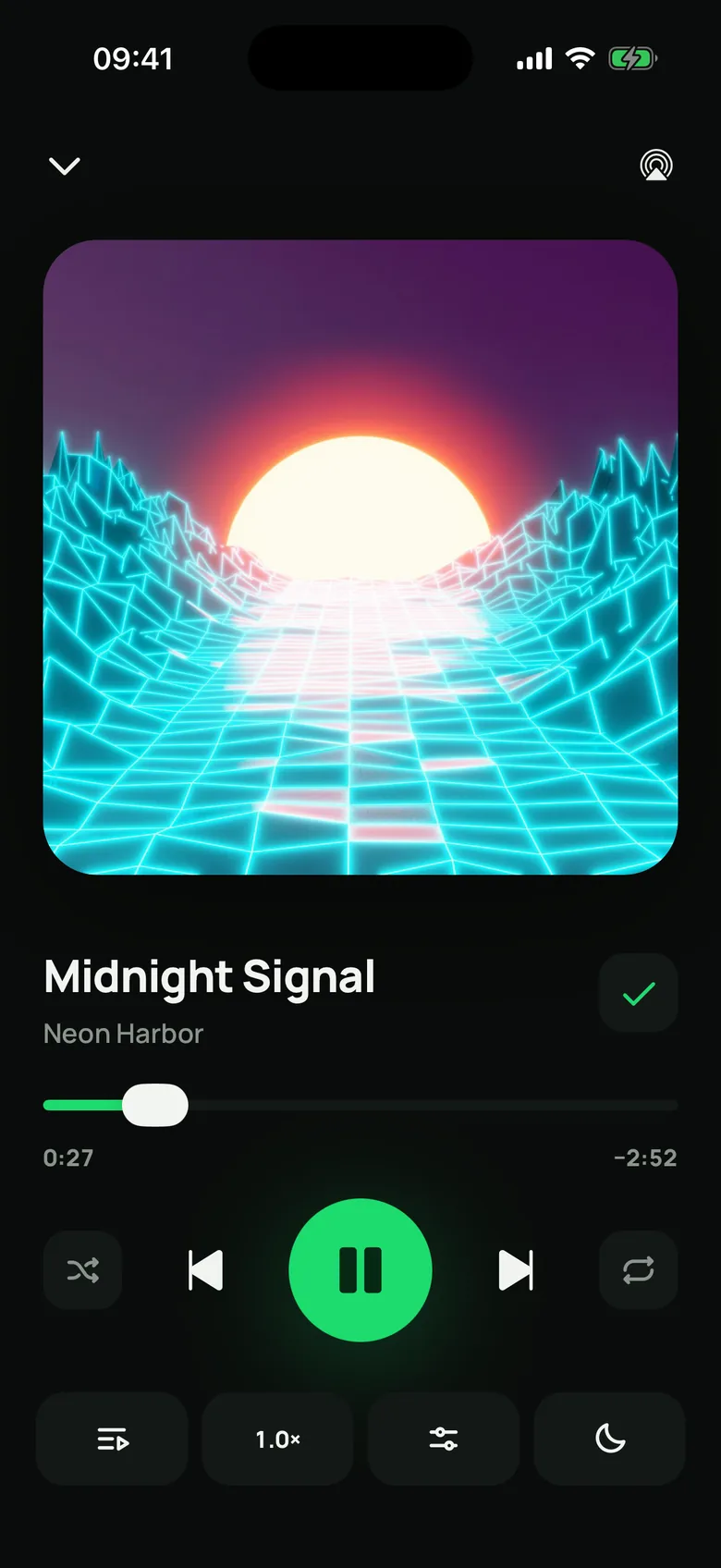 The Now Playing screen: large album art, a progress bar, transport controls, and buttons for speed, equalizer and sleep timer.