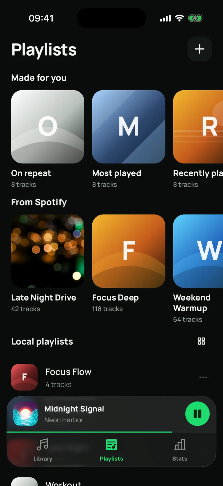 The Playlists tab with Made for you playlists such as On repeat and Most played, above your own playlists.